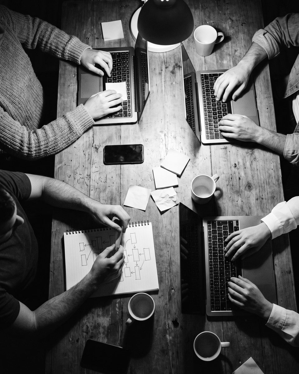 Four people's hands at work around a table with laptops, notes and a sketched flow