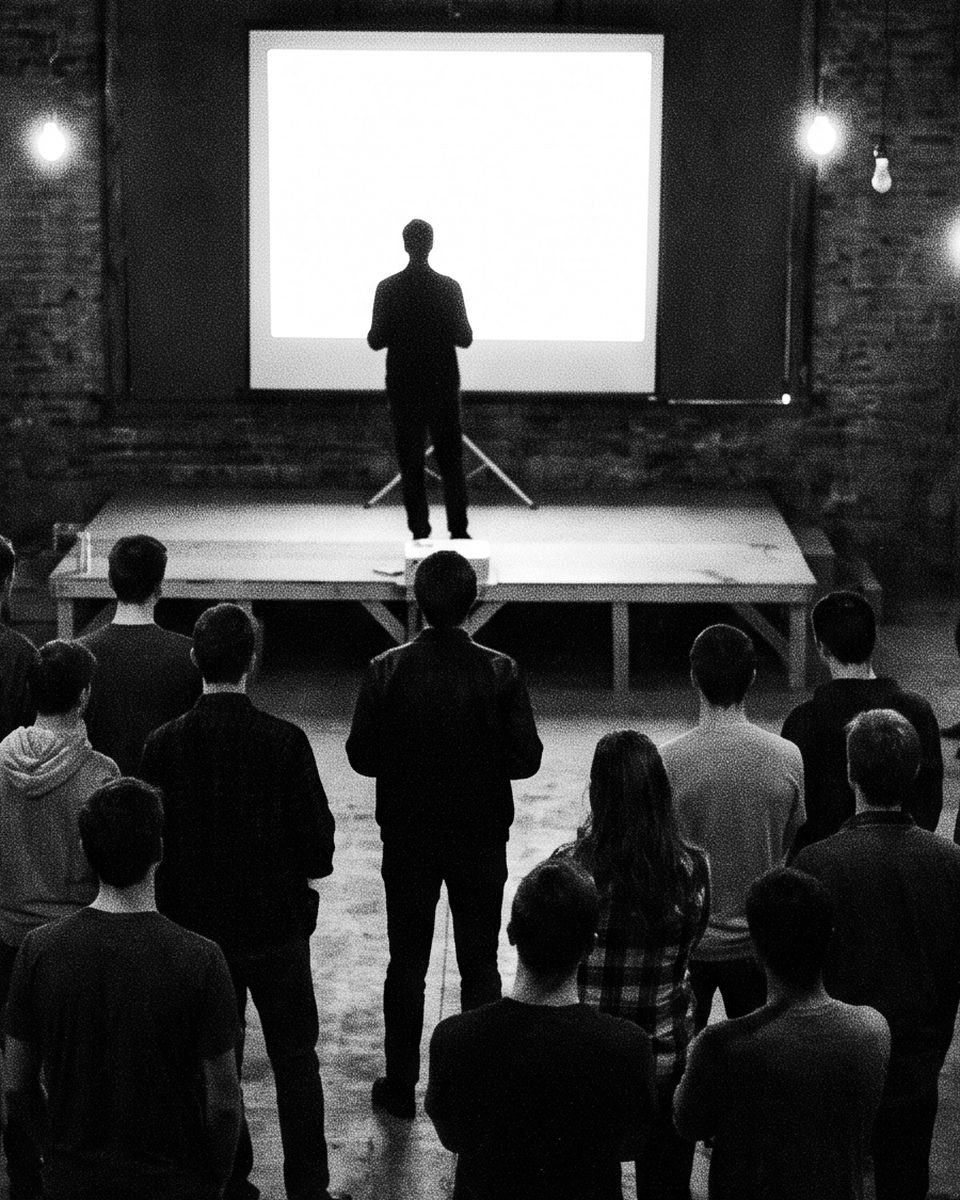 A crowd seen from behind, facing a speaker in front of a blank screen
